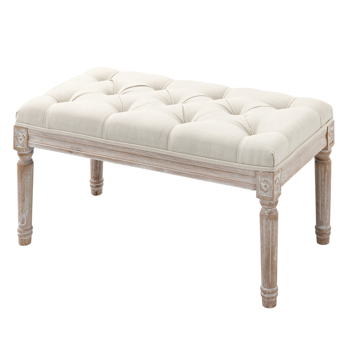 Gepolsterter Sitzhocker, Polsterbank, Fu?hocker, Holz und Stoffbezug in Leinenoptik, 80L x 40B x 43H cm, Cremewei?