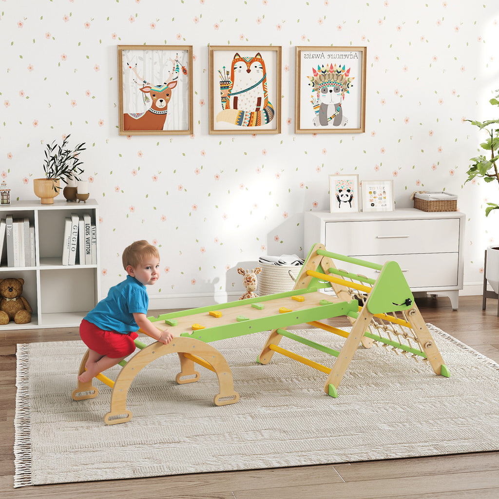 8-in-1 Montessori Kletterger¨¹st Indoor Holz Kletterdreieck mit Kletterbogen, doppelseitiger Rutsche, Gr¨¹n