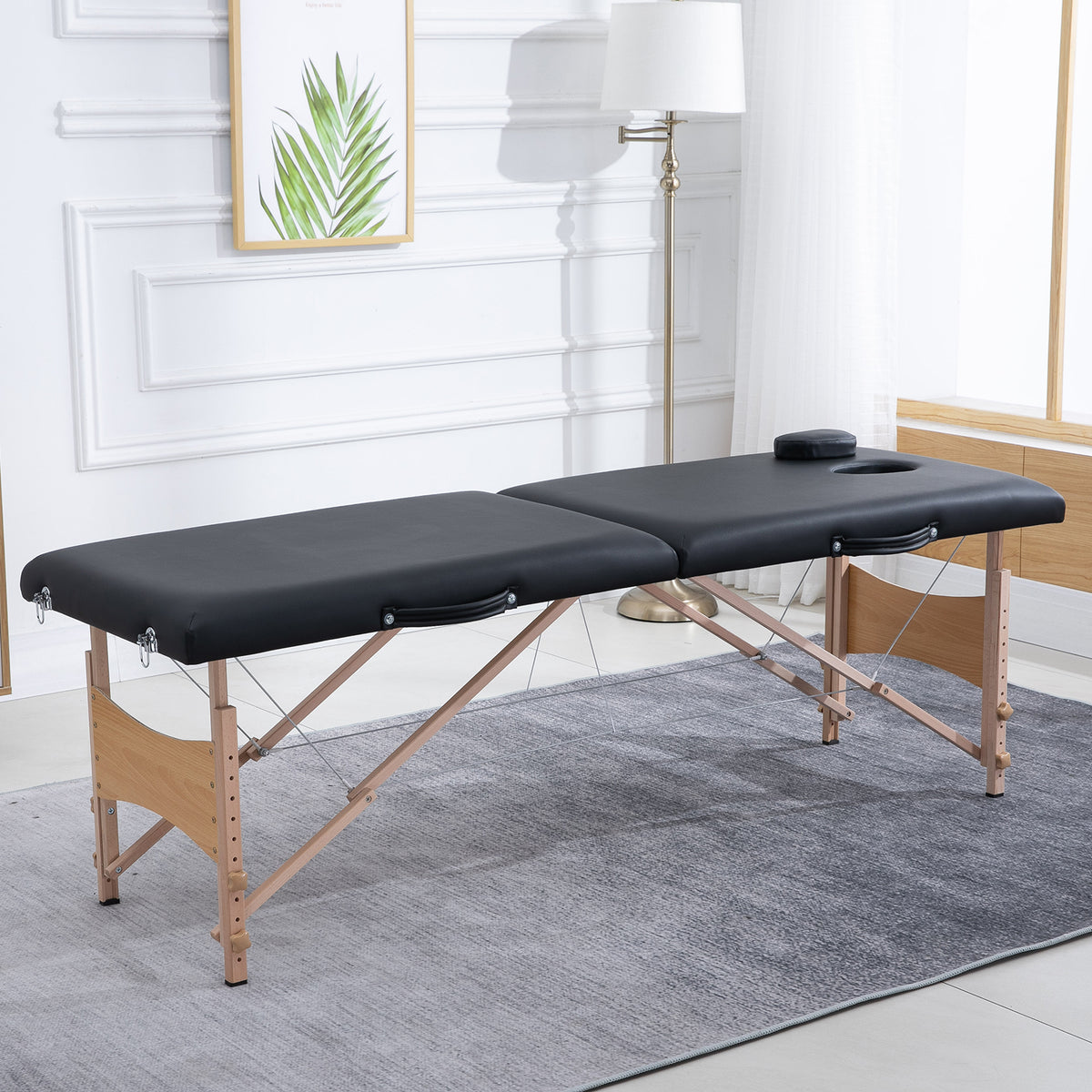 Massageliege 3 Zonen Klappbar Massagetisch mit Kopfstütze Armlehne Tragetasche Holzfüßen höhenverstellbare Massagebett tragbar Kosmetikliege für Tattoo Spa Salon Schwarz