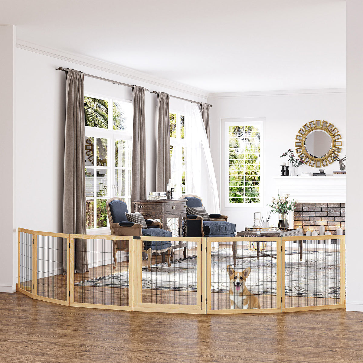 Wooden Pet Gate, Freestanding Dog Security Barrier with Two Support Feet - Natural Tone