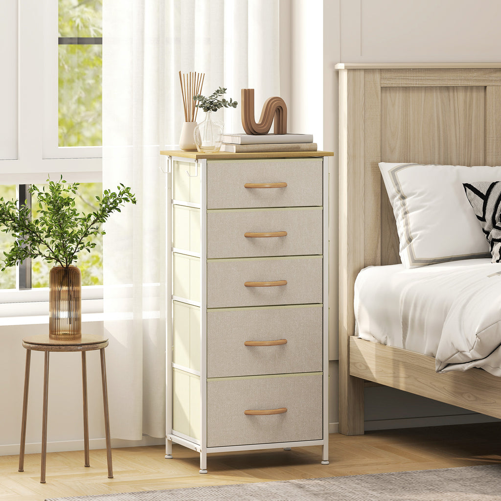 Kommode Schrank mit 5 Schubladen aus Vliesstoff mit Haken Beige