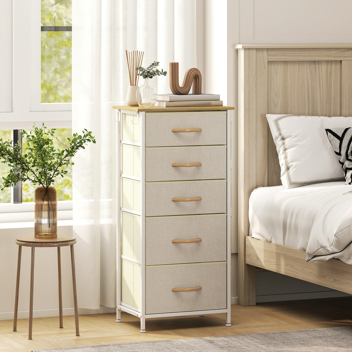 Kommode Schrank mit 5 Schubladen aus Vliesstoff mit Haken Beige