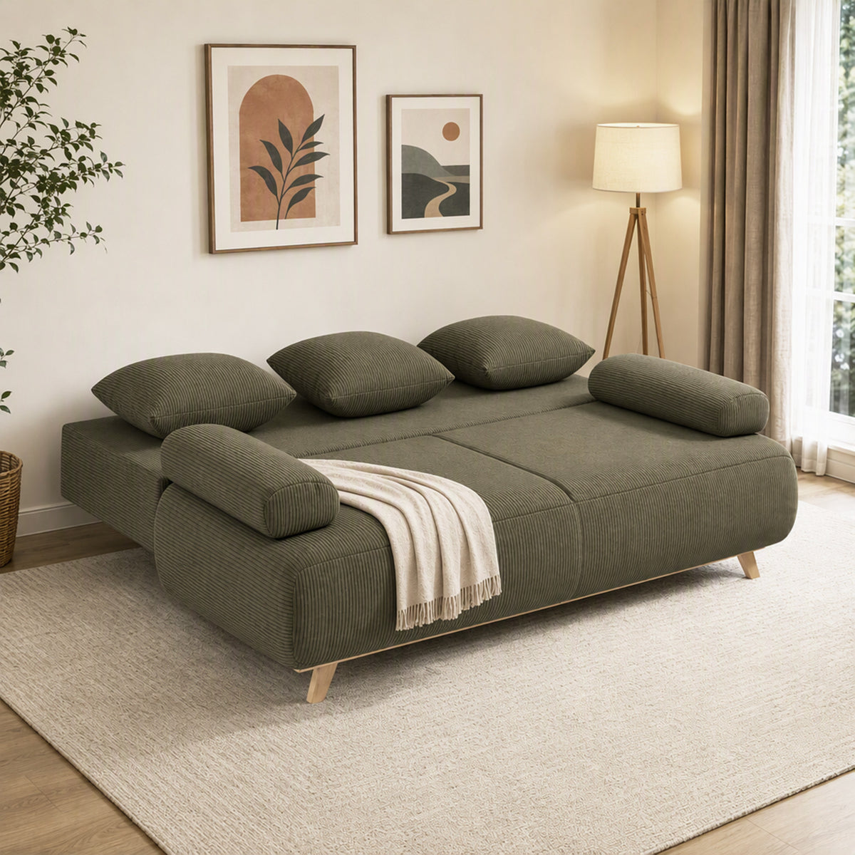 Schlafsofa mit verstellbarer Rückenlehne, Bettfunktion, verstecktem Stauraum und Cordbezug, Dunkelgrün