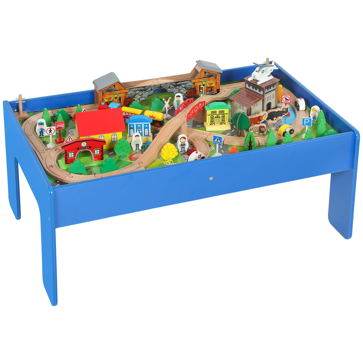 Spieltisch, 108-teiliges Eisenbahn-Set aus Holz, mit abnehmbarer Tischplatte, Eisenbahntisch, 98x60,5x40 cm, Blau