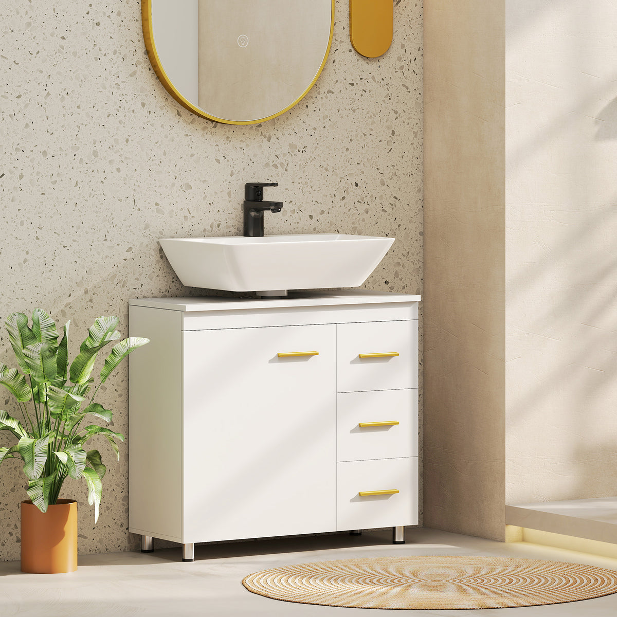 Badezimmer-Unterschrank, 3-stufiges Design, MDF, Spanplatte, Wei?