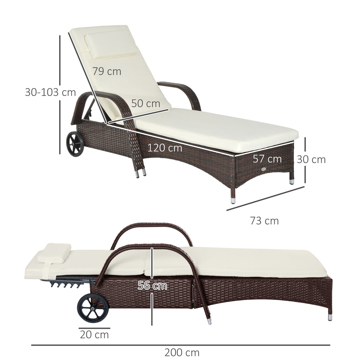Gartenliege mit Auflage, verstellbare Rückenlehne, Metallgestell, Polyrattan, braun+creme, 200 x 73 x 103 cm