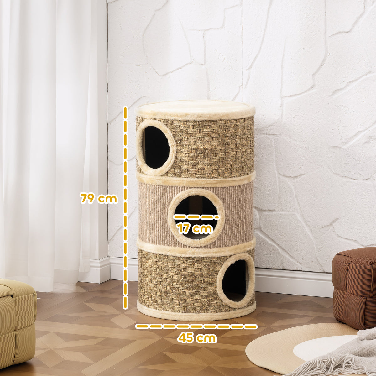 Kratztonne, 79 cm hoch, Ø45 cm, dreistöckige Katzentonne mit Sisalseil, Katzenhöhle, für große Katzen, Khaki+Braun