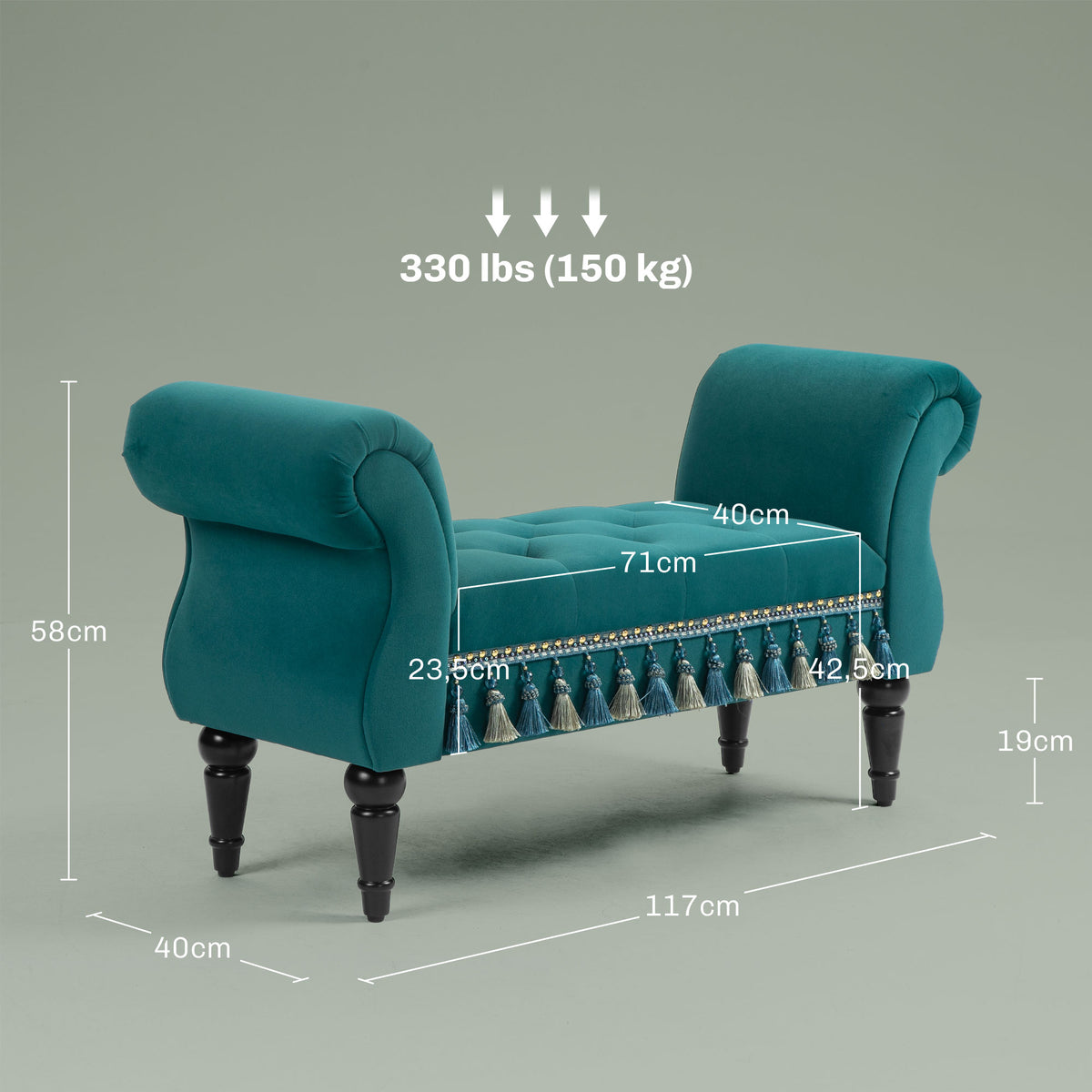 Polsterbank, Sitzbank, Vintage-Design, bis 150 kg, 117x40x58 cm, Gr¨¹n