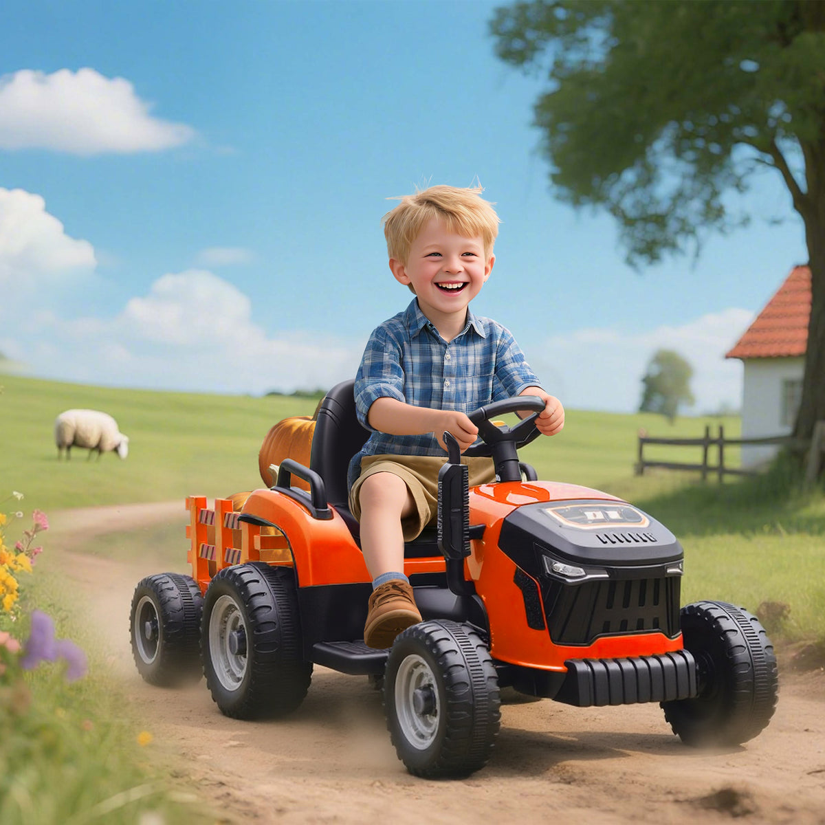 Elektrischer Kindertraktor, Aufsitz-Traktor mit Fernbedienung, Soft-Start, f¨¹r Kinder im Alter von 3-8 Jahren, Orange