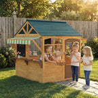 Kinderspielhaus aus Tannenholz, Faltbares Häuschen mit Fenstern, Tür, für Kinder im Alter von 3-8 Jahren, Braun+Blau