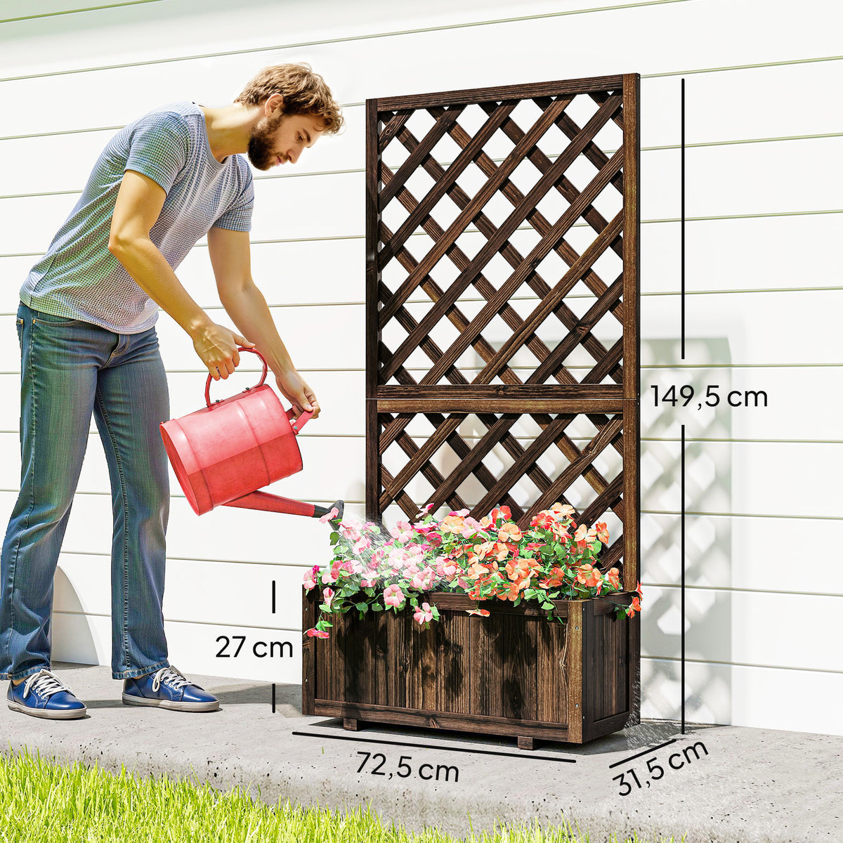 Hochbeet Pflanzenkasten mit Rankgitter, Spalier Pflanzkübel, Blumenkasten Holz, 72,5x31,5x149,5cm für Garten Balkon Terasse, Blumenkübel für Kletterpflanzen, Blumen, Braun