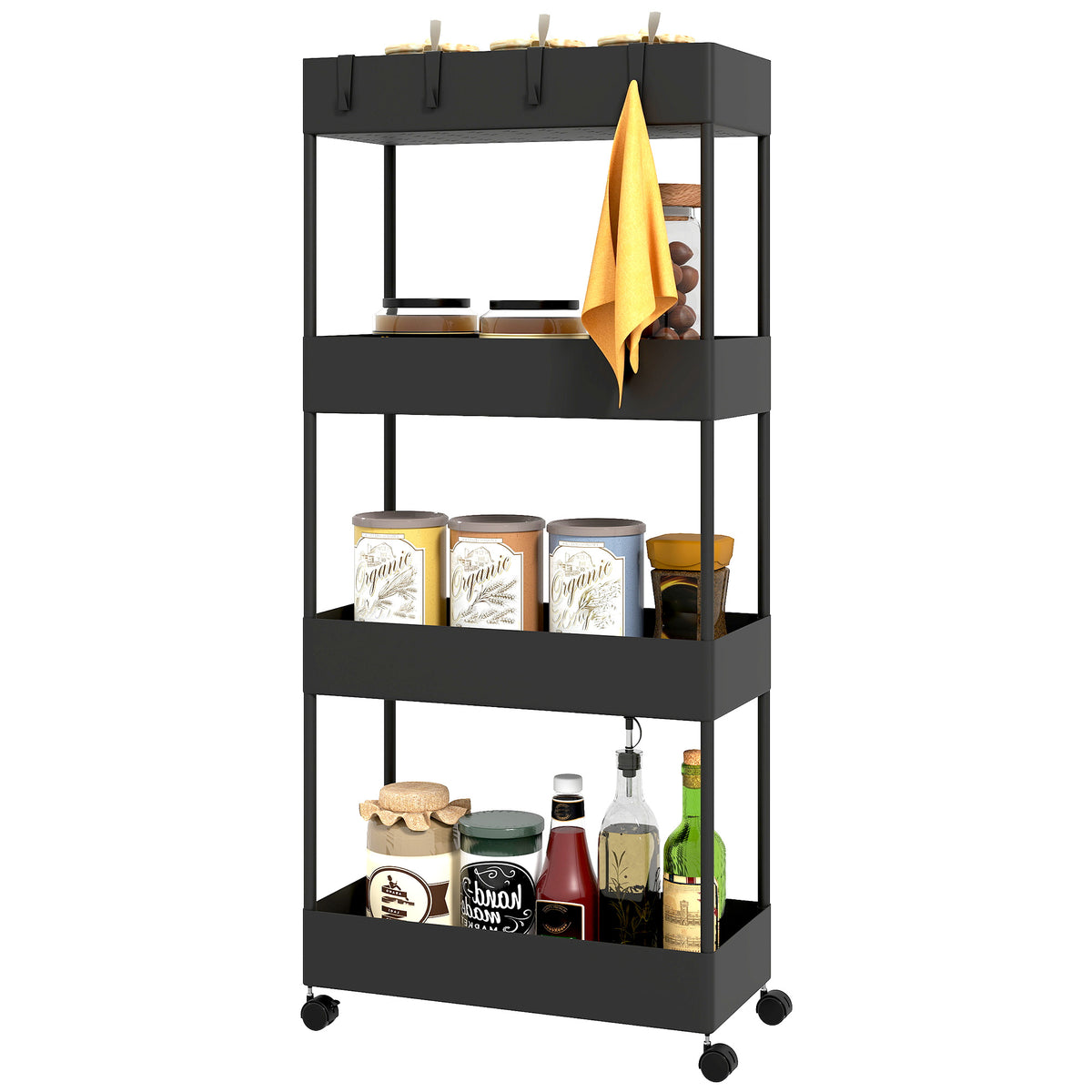 K¨¹chenwagen mit 4 Regalen, 4 flexiblen Haken, 4 Rollen, 40 cm x 19 cm x 90 cm, Nischenwagen, Schwarz