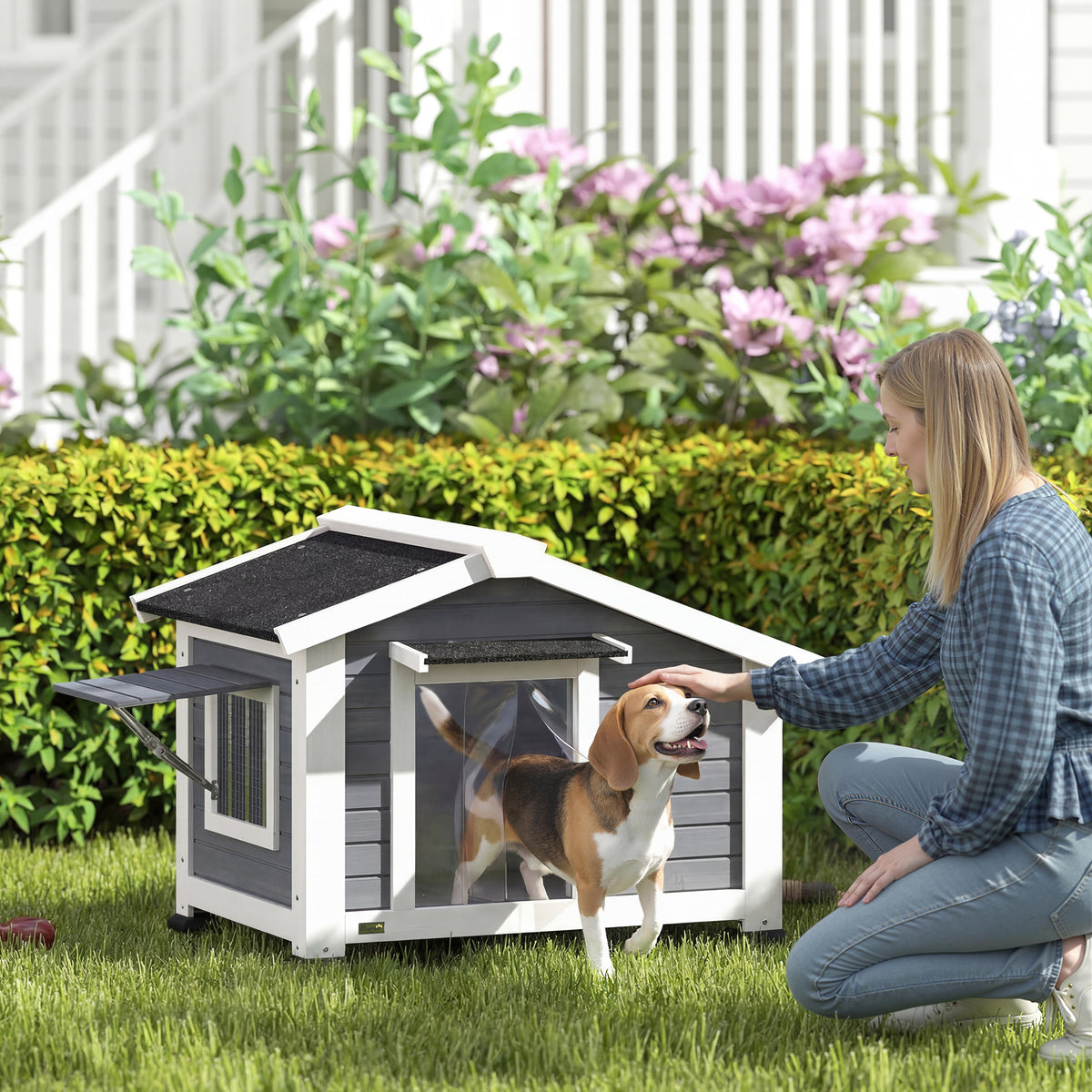 Hundehütte wetterfestes Hundehaus aus Holz mit herausnehmbarem Boden Asphaltdach öffnendem Fenster 98x76x69,5 cm Grau