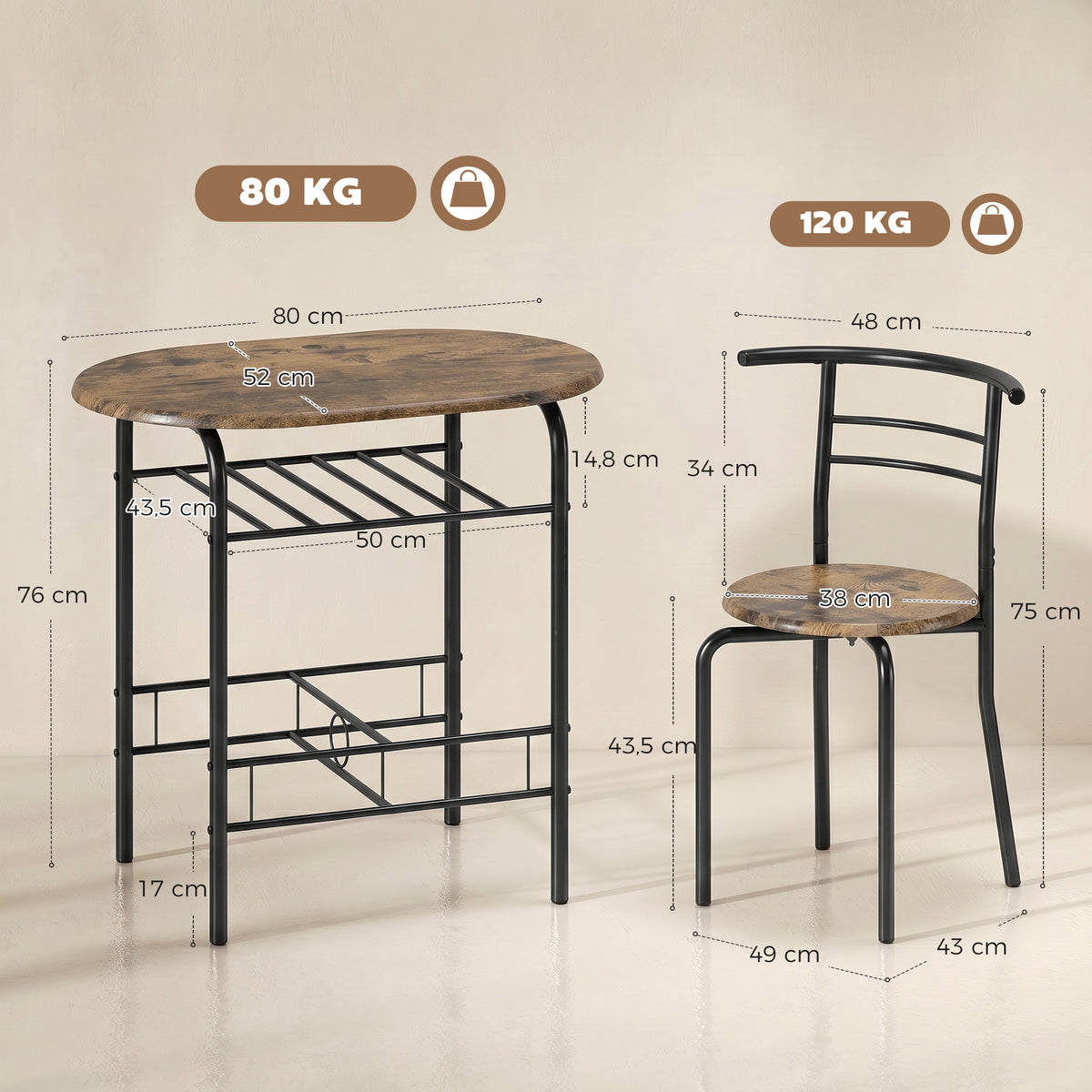Essgruppe 3-teilig, Küchentisch und Stühle für 2 Personen mit Regal, Wohnzimmer, Rustikal-Braun Holz-Optik