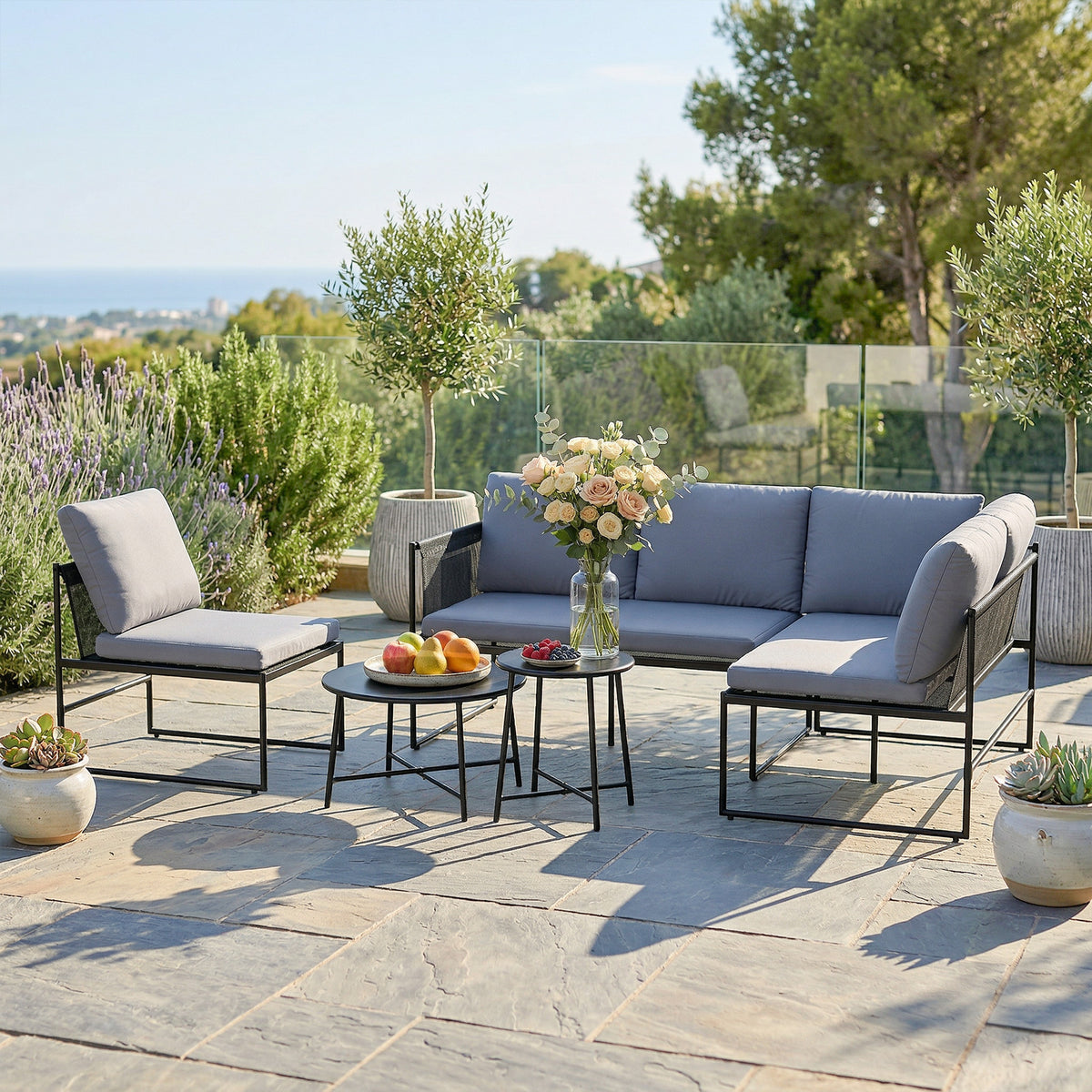 Lounge Gartenmöbel Set 4-5 Personen Gartenlounge Set mit 2 Sitzer Gartensofa Couchtisch Stuhl dick waschbar Kissen