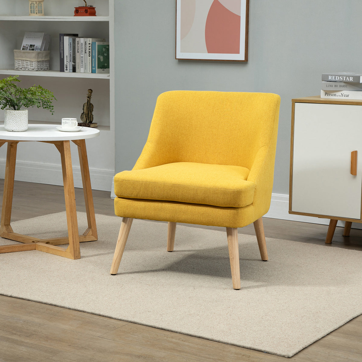 Sessel Wohnzimmer Loungesessel Relaxsessel mit Holzbeine Lesesessel mit Leinenoptik, Polstersessel für Schlafzimmer Gelb