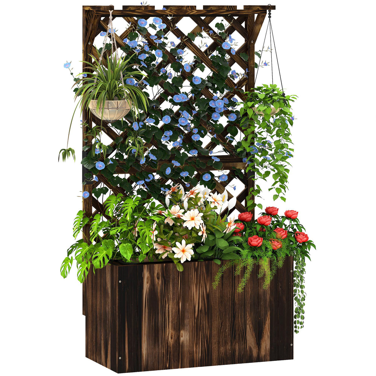 Hochbeet Pflanzkasten mit Rankgitter, Spalier Pflanzkübel Blumenkasten Holz, Gartenspalier 64 x 33 x 122cm Verkohlt