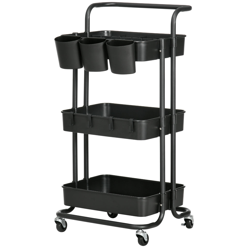 Three-Tier Home Trolley, with Handle and Wheels - Black