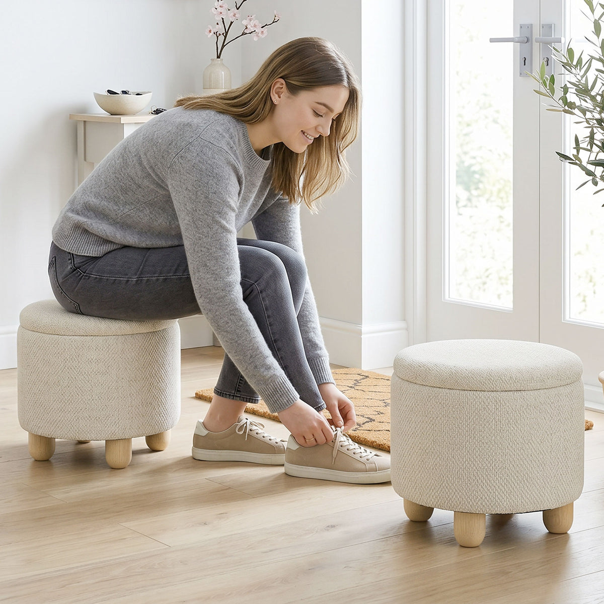 Hocker mit Stauraum, Runder Sitzhocker mit Deckel, Leinenoptik für Wohnzimmer, Schlafzimmer, 38,5x38,5x33,5 cm Beige