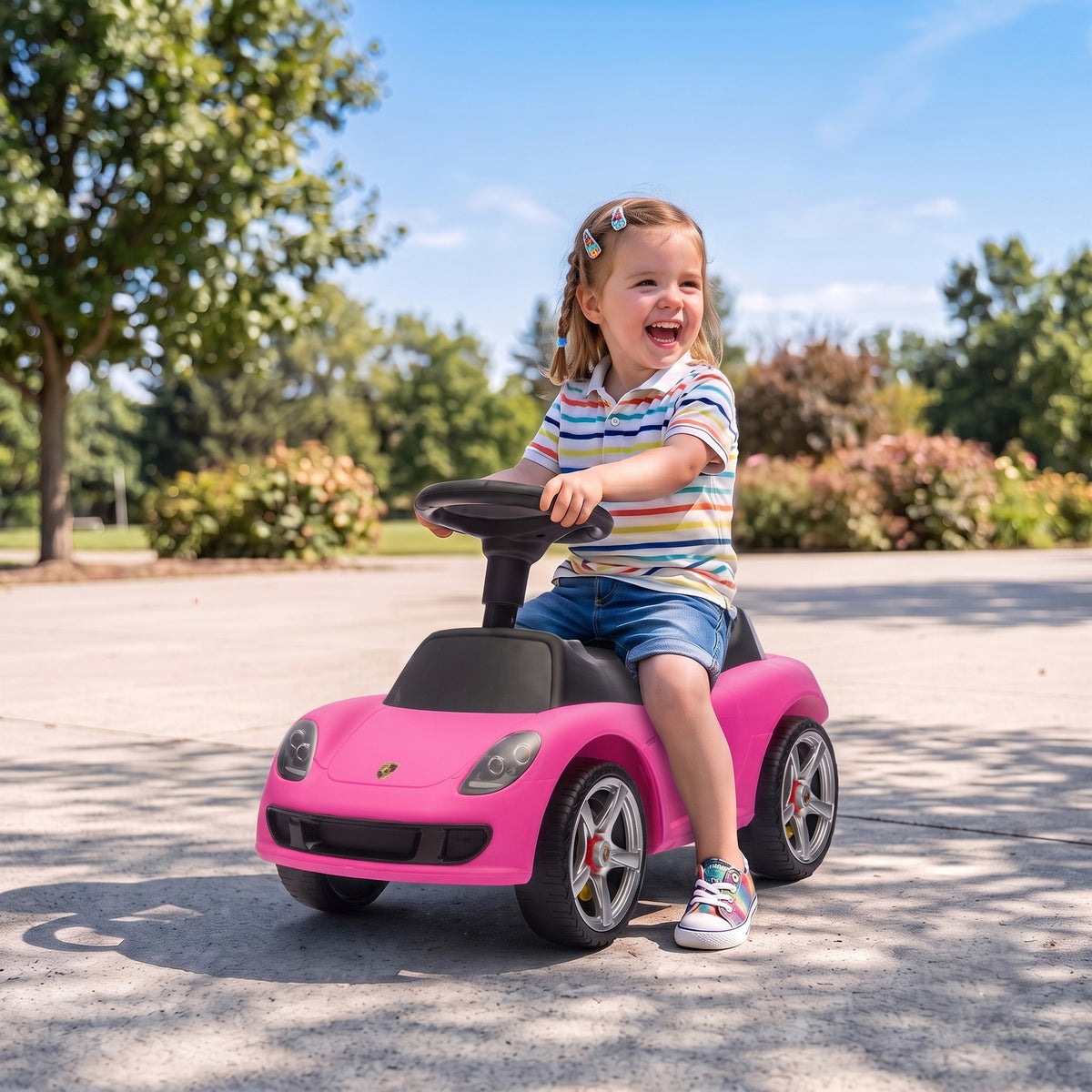 Ride on Car, Porsche Licensed Toddler Push Car with Horn, Headlights, Sound and Steering Wheel for 18-36 Months, Pink