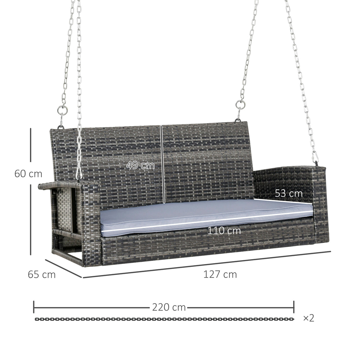Hängebank 2-Sitzer Rattan Gartenschaukel mit Sitzkissen Hängeschaukel Hollywoodschaukel Schaukelbank Gartenbank Grau 127 x 65 x 60 cm
