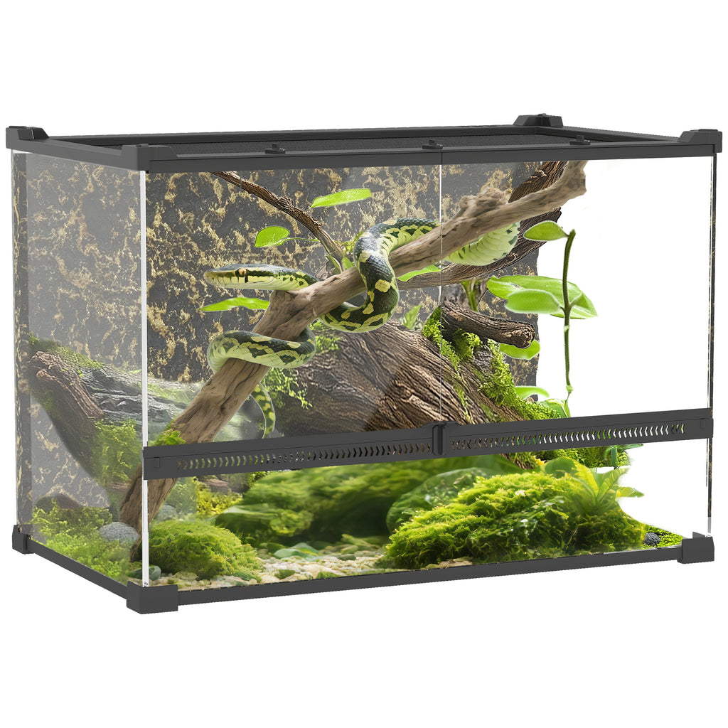 Reptile Glass Terrarium with Stone Background, Front Ventilation, Escape-Proof Knob Lock, 50 x 30 x 35 cm, Black