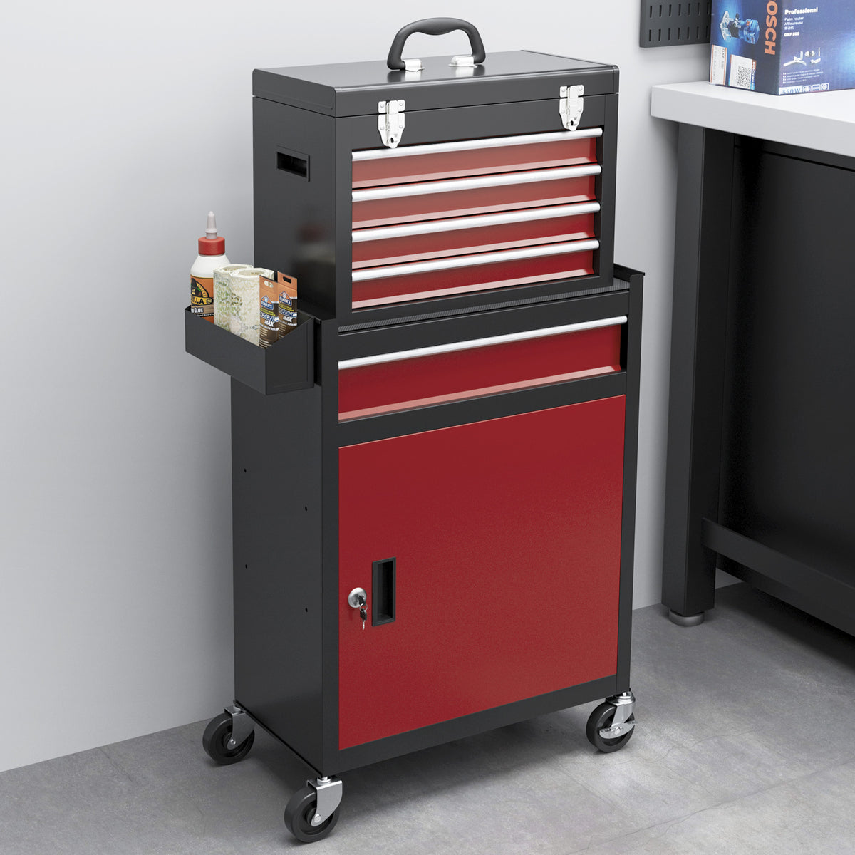 Two-Part Tool Storage Chest on Wheels - Black/Red
