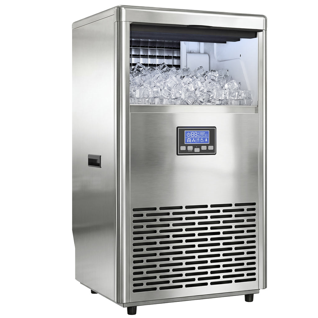Gewerblicher Eiswürfelbereiter 45 kg/24 Std., Edelstahl, mit 13 kg Speicher, Selbstreinigung, Silber