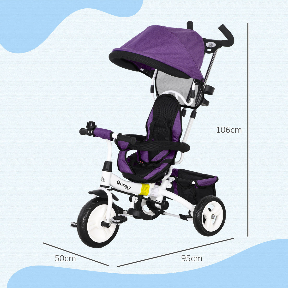 6 in 1 Kids Trike Push Bike w/ Push Handle, Canopy, 5-point Seat Belt, Storage, Footrest, Brake, for 1-5 Years, Purple
