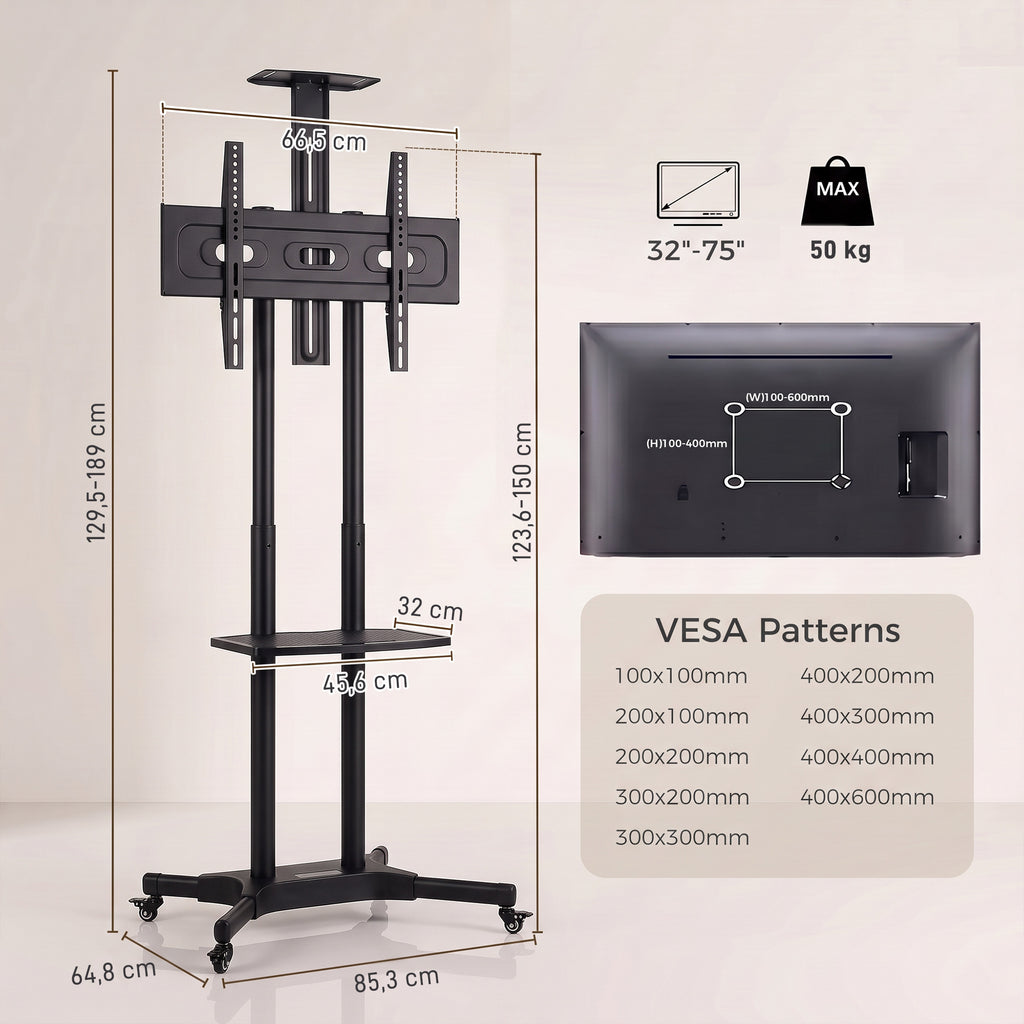 TV Ständer Rollbar für 32-75 Zoll Fernseher Höhenverstellbarer Fernsehständer mit 2 Ablagen, Metall, max. VESA 400x600mm