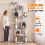 Kratzbaum Große, 200 cm hoch Katzenbaum mit 2 Betten, 3 Höhlen, Hängematte, 3 Bällen für 1-3 Katzen unter 6 kg, Hellgrau