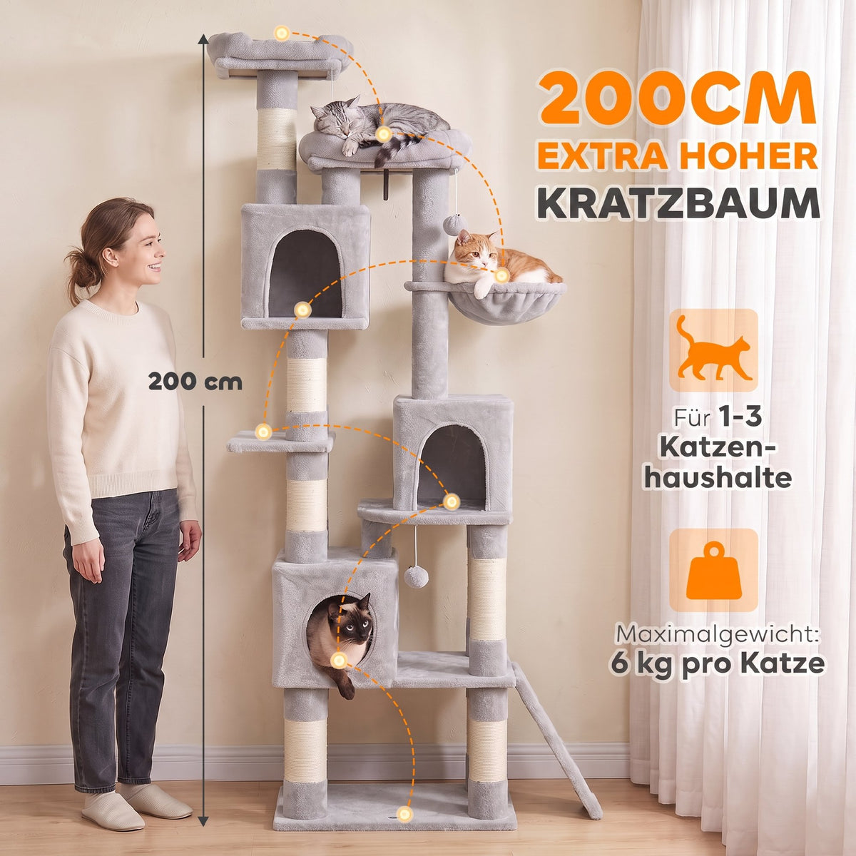 Kratzbaum Große, 200 cm hoch Katzenbaum mit 2 Betten, 3 Höhlen, Hängematte, 3 Bällen für 1-3 Katzen unter 6 kg, Hellgrau