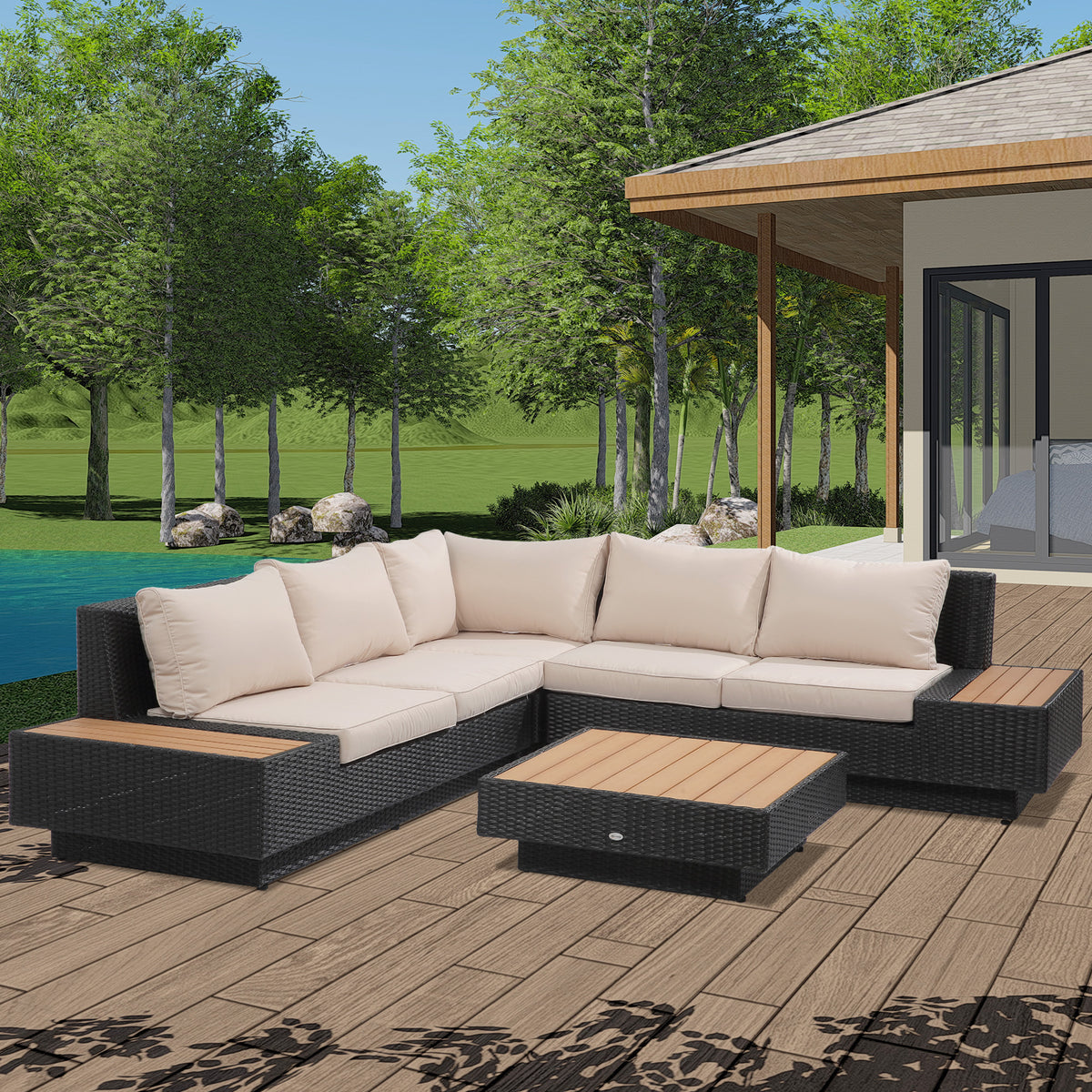  4-tlg. Luxus Polyrattan Gartengarnitur Gartenmöbel Garten-Set Sitzgruppe Loungeset Loungemöbel inkl. Ablagen und Beistelltisch Sitzkissen Schwarz