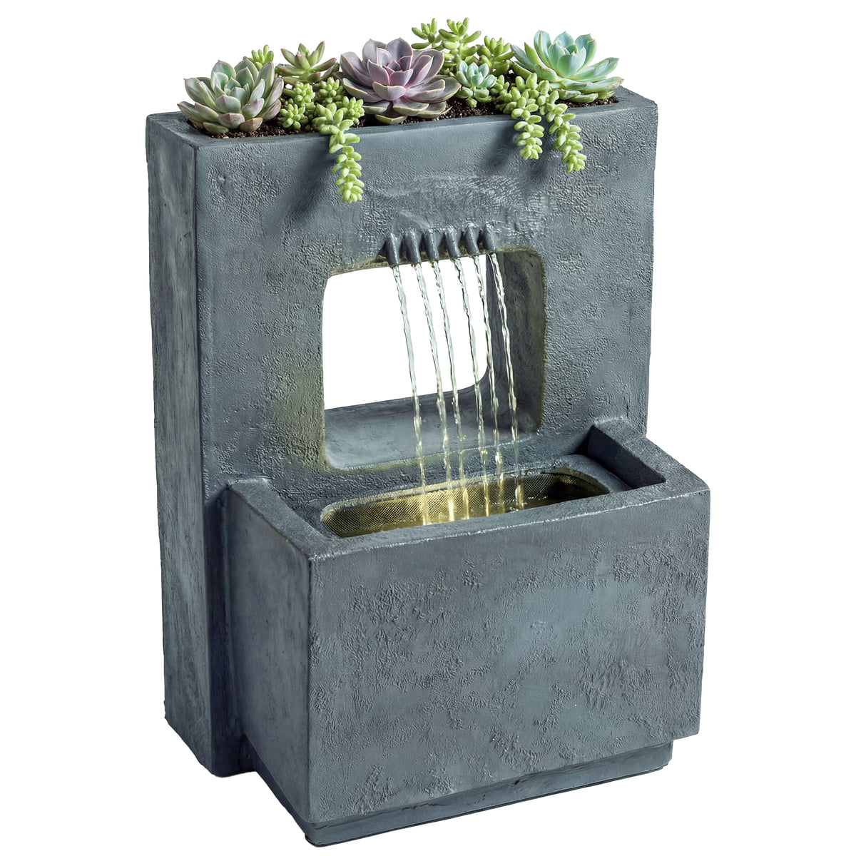 Springbrunnen 2-stufig Gartenbrunnen mit LED Beleuchtung Pflanzkübel Pumpe Steinoptik, Verstellbar 45 x 31,5 x 58,5 cm