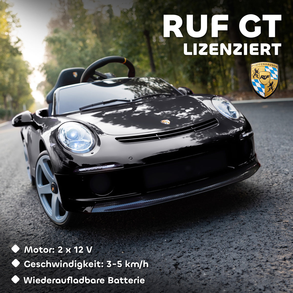 Elektrisches Aufsitzauto f¨¹r Kinder, fernsteuerbar, Musik, Hupe, USB, Sicherheitsgurt, f¨¹r 3-5 Jahre, Schwarz