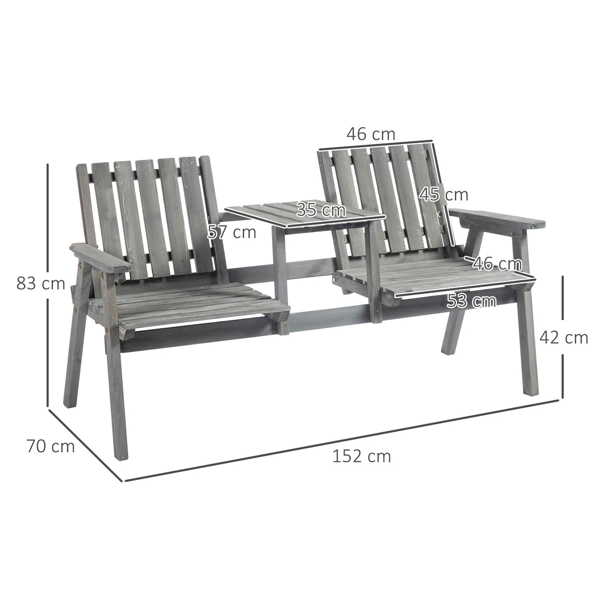 2-Seater Garden Loveseat with Table and Parasol Hole for Porch, Patio, Grey
