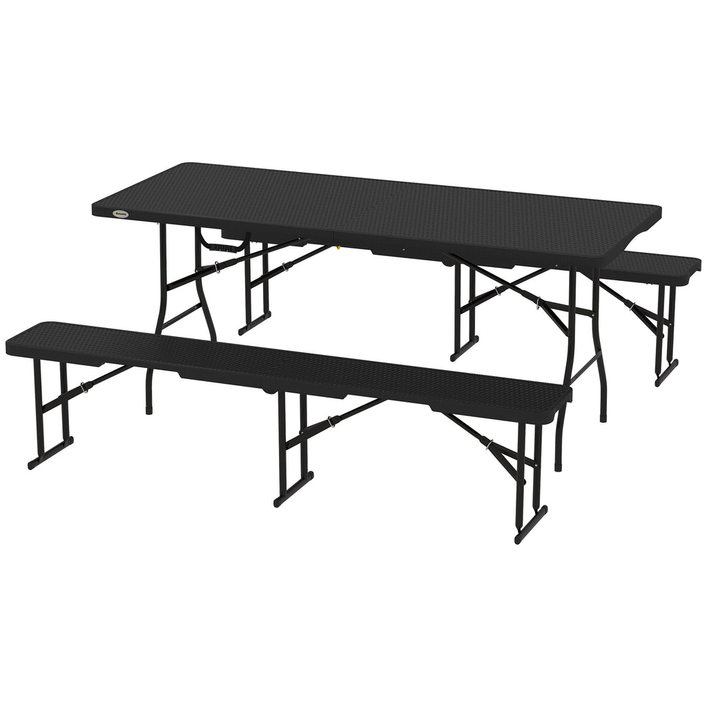 Picknicktisch und Bänke, 3-teiliges Set, faltbar, Kunststoff, Metall, Schwarz