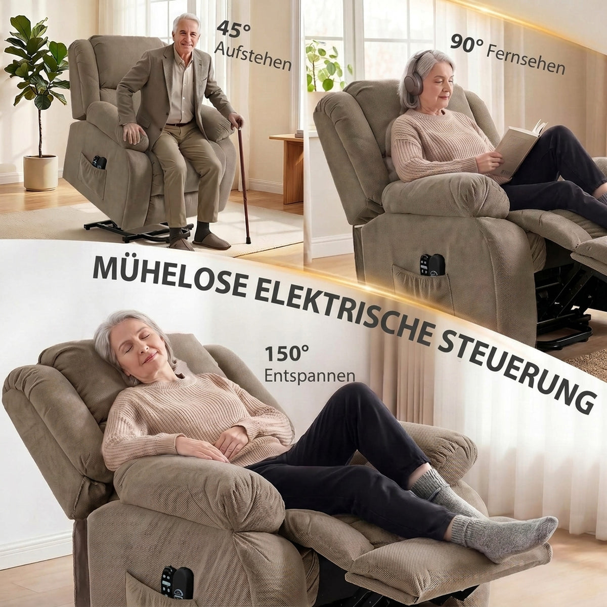 Fernsehsessel mit Aufstehhilfe Elektrisch Relaxsessel Hellbraun