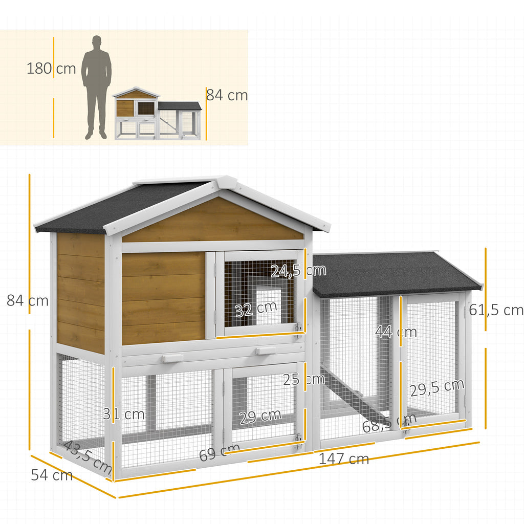 Wooden Rabbit Hutch Outdoor, Double Tier with Water-Resistant Roof, Ramp 147 x 54 x 84 cm, Yellow