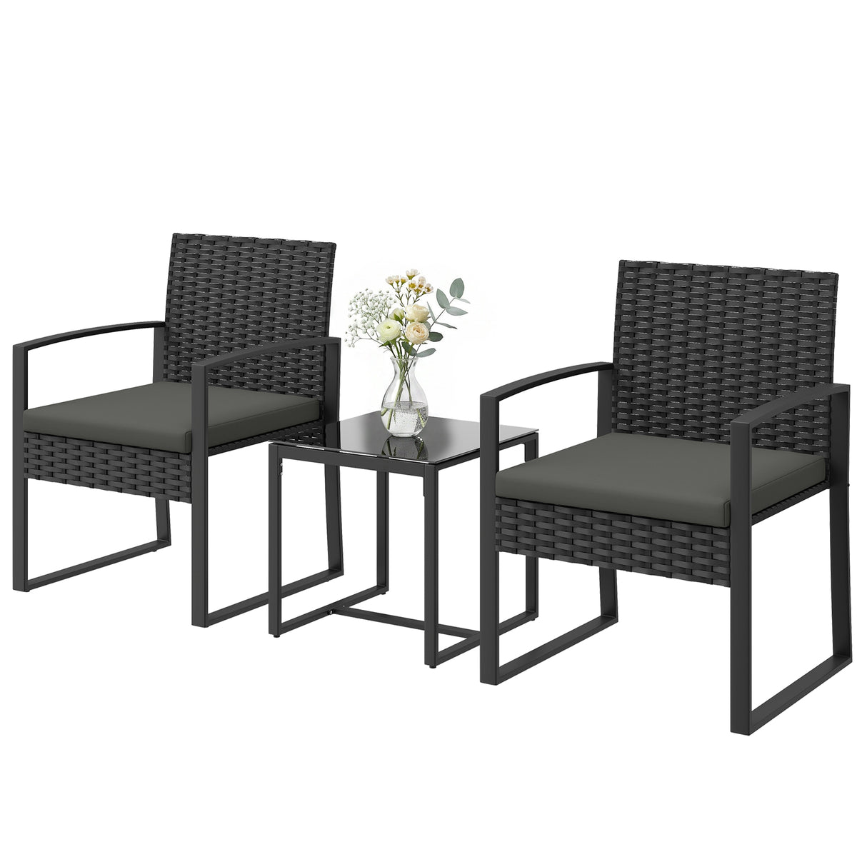 Rattan Bistroset, 3 teiliges Gartenmöbel-Set mit 2 Gartenstühlen, Couchtisch, abnehmbar Kissen Dunkelgrau