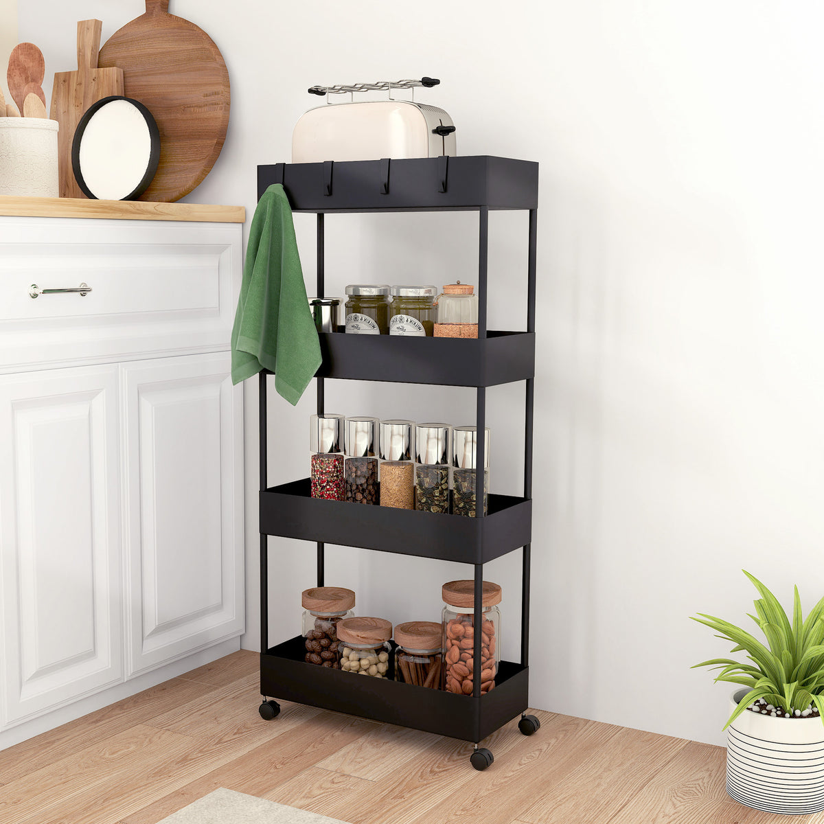 K¨¹chenwagen mit 4 Regalen, 4 flexiblen Haken, 4 Rollen, 40 cm x 19 cm x 90 cm, Nischenwagen, Schwarz