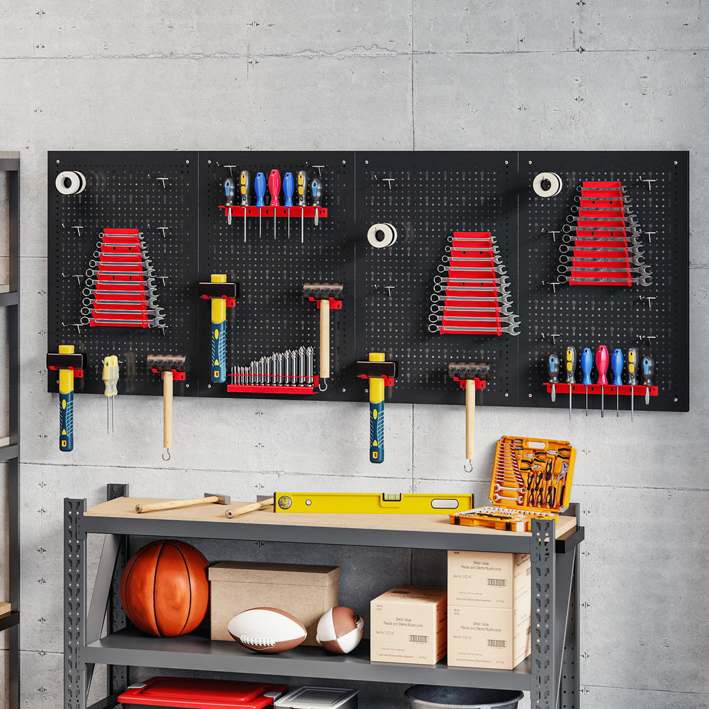 38 Pcs Wall-Mounted Pegboard with 4 Boards, Garage Tool Storage Unit Black and Red