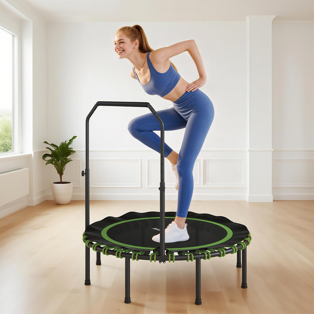 Fitness-Trampolin mit verstellbarem Handlauf, Sport-Trampolin f¨¹r drinnen und drau?en, Stahl, Kunststoff, Gr¨¹n