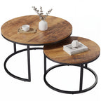 Rundes Couchtisch-Set, 2-teilig, Industrielle Beistelltische mit Metallrahmen für Wohnzimmer und Schlafzimmer, Braun
