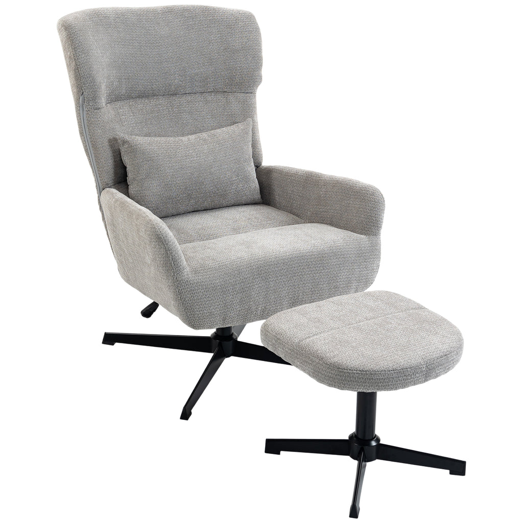 360° drehbarer Loungesessel mit Hocker, höhenverstellbar, Chenille-Bezug, mit Lendenkissen, Cremeweiß