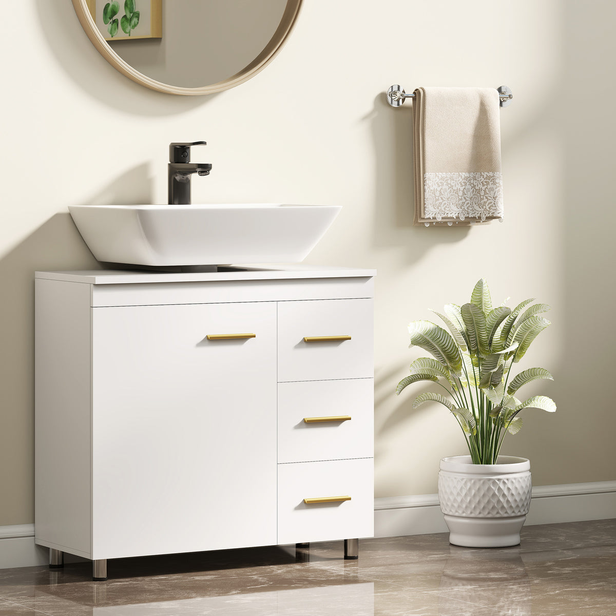 Badezimmer-Unterschrank, 3-stufiges Design, MDF, Spanplatte, Wei?