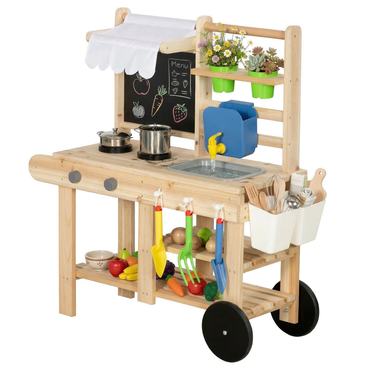 Mud Kitchen with Real Water Faucet Pretend Play Kitchen Playset with Sink and Storage Natural Wood