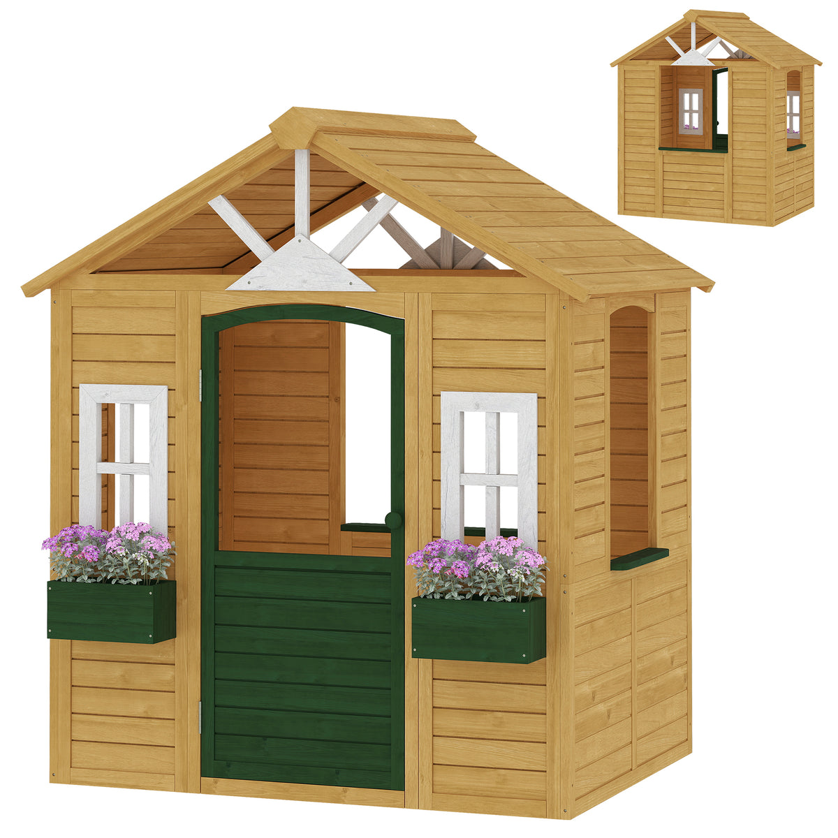 Kinderspielhaus Holz Spielhaus Outdoor mit Tür 3 Fenster 2 Blumenkästen für 3-8 Jahre Kinder 134,5 x 97 x 150 cm Braun