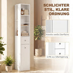 Schmaler hoher Badezimmerschrank, 135 cm Badschrank mit 2 Schubladen, weiß