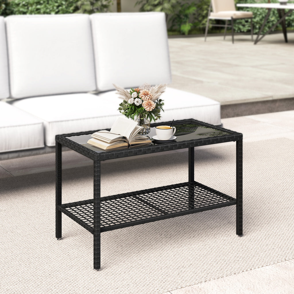 Rattan-Couchtisch, zweistufiger Outdoor-Tisch mit Ablagefach, gehärteter Glasplatte und Stahlrahmen, Schwarz